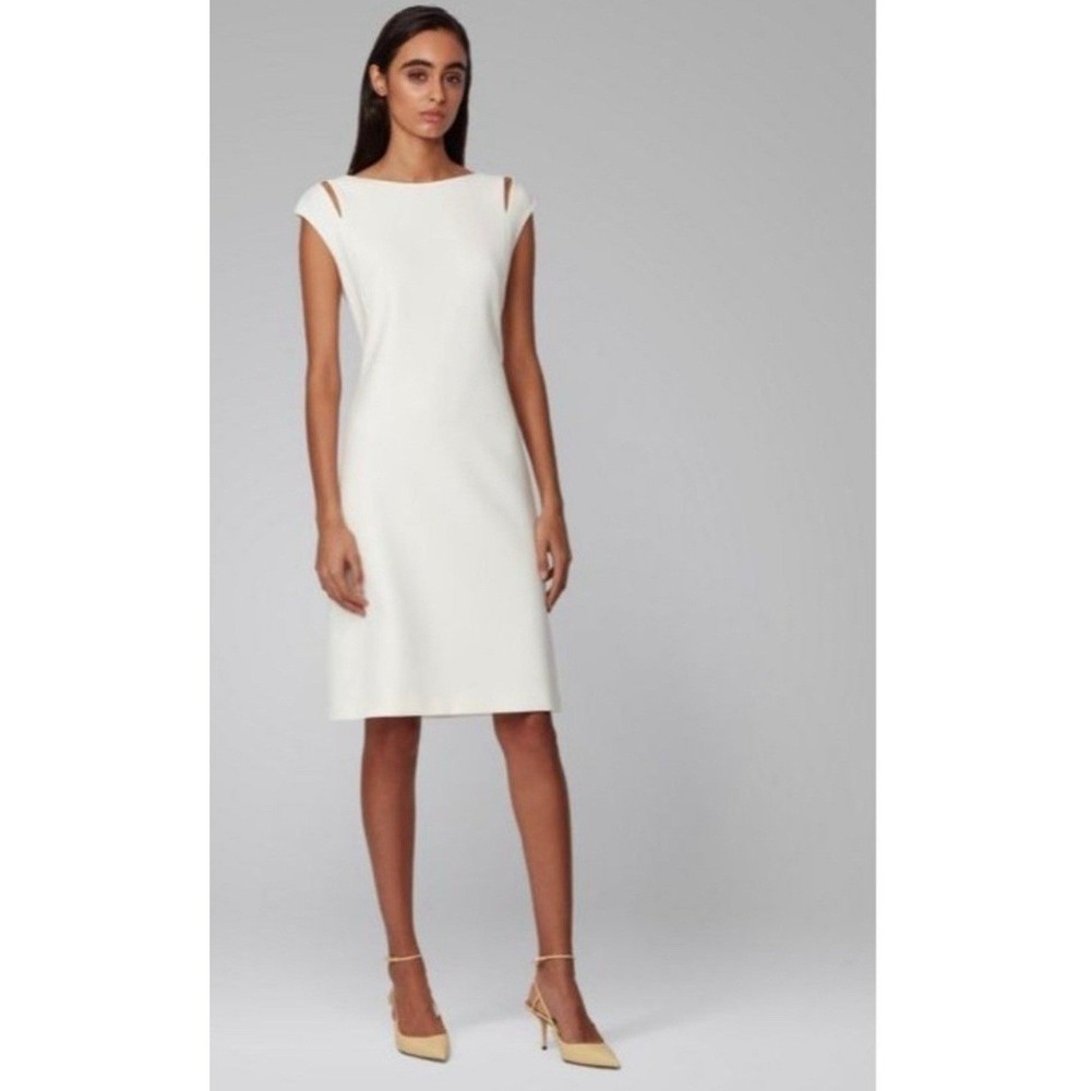BOSS Hugo Boss White Sheath Dress Cutout Shoulder Cap Sleeve Formal Business 6